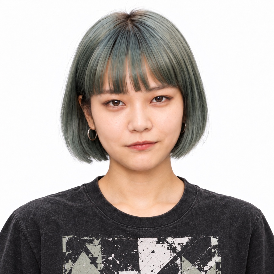 灰緑色のボブヘアとチャコールの幾何柄TシャツのMion